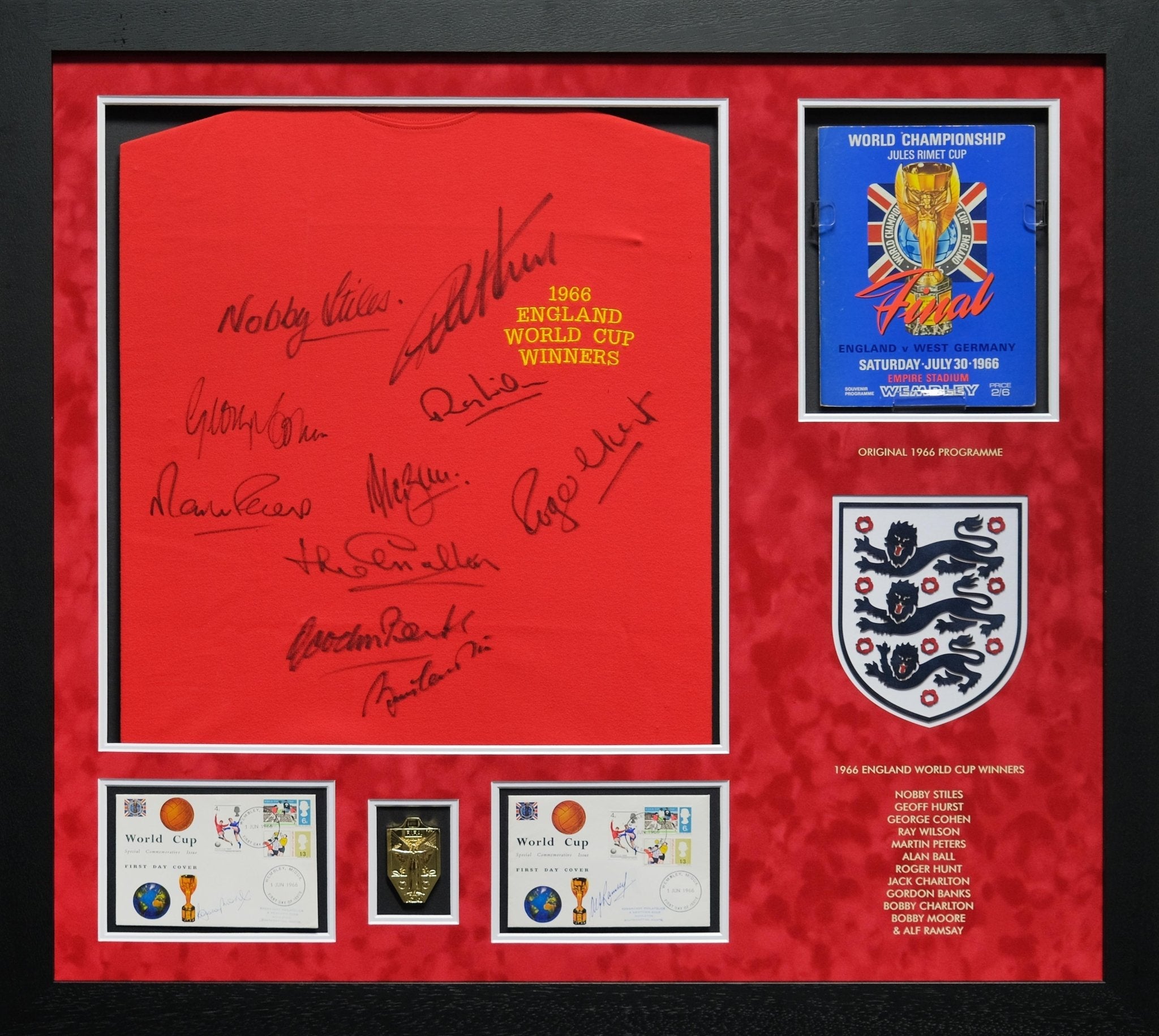 1966 Multi Signed England Shirt with Brochure and Medal Framed Display - Memorabilia Framers Shop